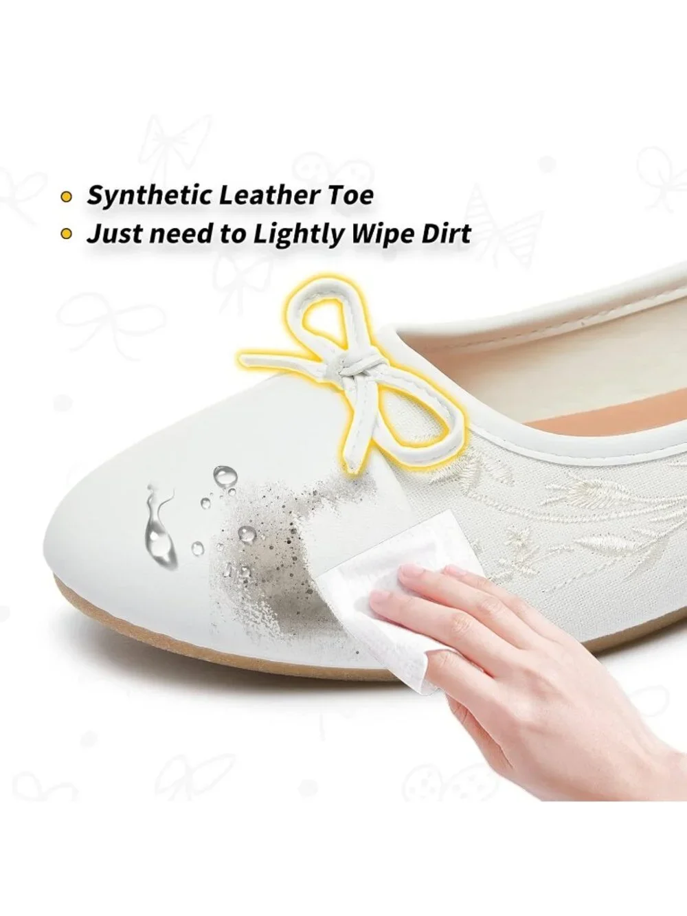 Women's White Flats Shoes with Pomegranate Embroidery with Bow Comfortable